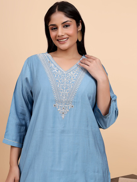 Bani Women Plus Size Etnic Motifs Embroidered V-Neck Tunic With Trousers - Image 2