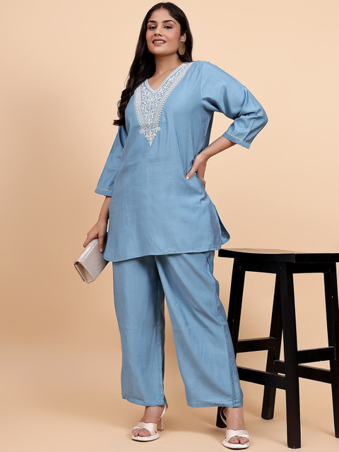 Bani Women Plus Size Etnic Motifs Embroidered V-Neck Tunic With Trousers - Image 5