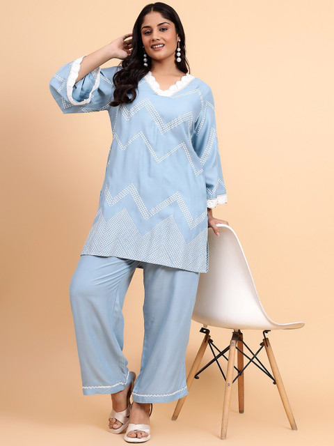 Bani Women Plus Size Geometric Printed V-Neck Tunic With Trousers Co-Ords - Image 5