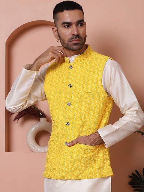 Anouk Embroidered Mandarin Collar Sequinned Nehru Jacket - Image 3