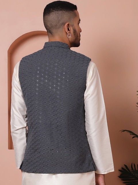 Anouk Embroidered Mandarin Collar Sequinned Nehru Jacket - Image 4