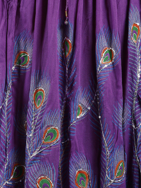 Exotic India Peacock Feather Embroidered Sequinned Pure Cotton Flared Maxi Skirt - Image 5