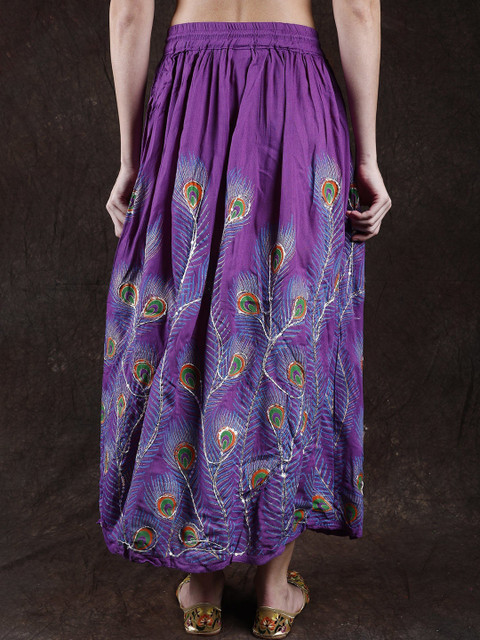 Exotic India Peacock Feather Embroidered Sequinned Pure Cotton Flared Maxi Skirt - Image 4