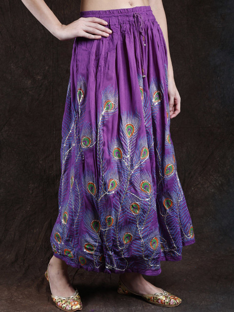 Exotic India Peacock Feather Embroidered Sequinned Pure Cotton Flared Maxi Skirt - Image 2