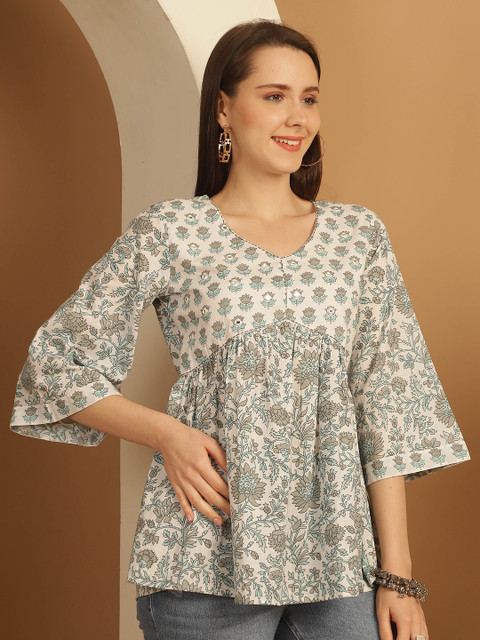 KALINI Floral Print Flared Sleeve Ethnic Cotton Empire Top - Image 3
