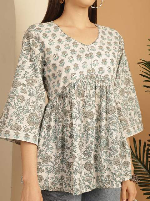 KALINI Floral Print Flared Sleeve Ethnic Cotton Empire Top - Image 2
