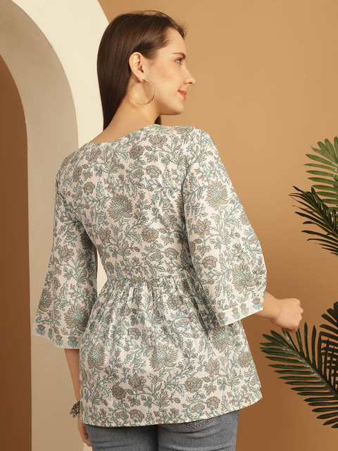 KALINI Floral Print Flared Sleeve Ethnic Cotton Empire Top - Image 5