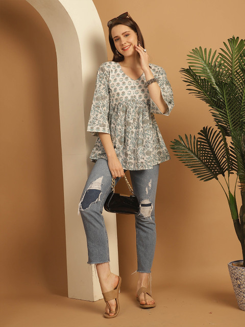 KALINI Floral Print Flared Sleeve Ethnic Cotton Empire Top - Image 6