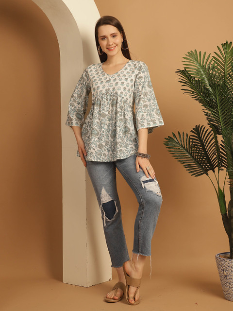 KALINI Floral Print Flared Sleeve Ethnic Cotton Empire Top - Image 7