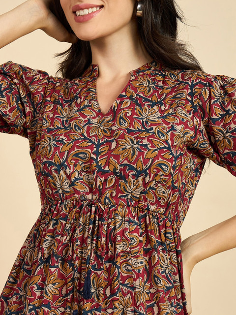 Azira Women Ethnic Motif Print Mandarin Collar Short Puff Sleeves Cotton A-Line Midi Dress - Image 2