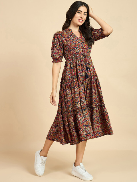 Azira Women Ethnic Motif Print Mandarin Collar Short Puff Sleeves Cotton A-Line Midi Dress - Image 3