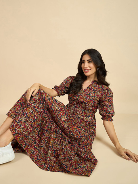 Azira Women Ethnic Motif Print Mandarin Collar Short Puff Sleeves Cotton A-Line Midi Dress - Image 6