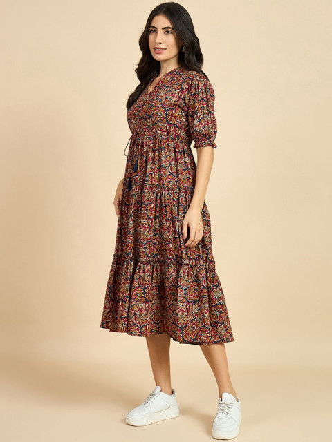 Azira Women Ethnic Motif Print Mandarin Collar Short Puff Sleeves Cotton A-Line Midi Dress - Image 4