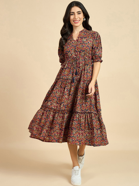 Azira Women Ethnic Motif Print Mandarin Collar Short Puff Sleeves Cotton A-Line Midi Dress - Image 7