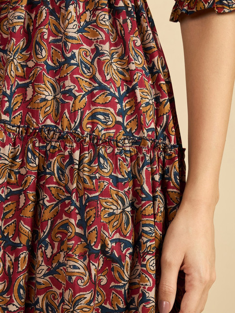 Azira Women Ethnic Motif Print Mandarin Collar Short Puff Sleeves Cotton A-Line Midi Dress - Image 8