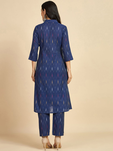 Azira Ikat Printed Mandarin Collar Regular Pure Cotton Straight Kurta With Palazzos - Image 5