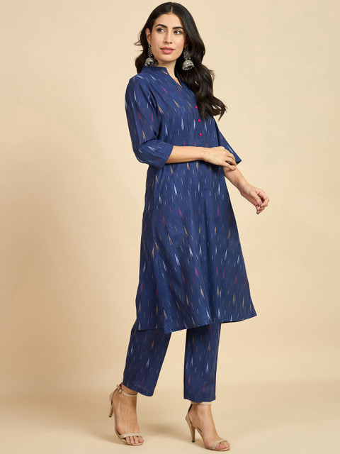 Azira Ikat Printed Mandarin Collar Regular Pure Cotton Straight Kurta With Palazzos - Image 4