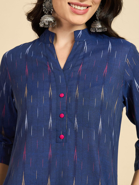 Azira Ikat Printed Mandarin Collar Regular Pure Cotton Straight Kurta With Palazzos - Image 2
