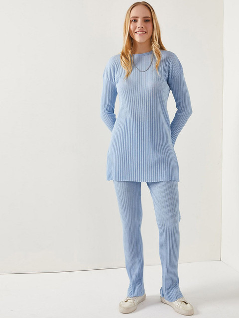 Olalook Ribbed Striped Round Neck Tunic & Trousers Co-Ords