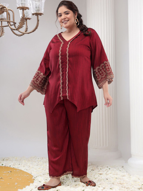 Bani Women Plus Size V-Neck Self Design Thread Work Asymmetric Casual Tunic With Palazzos