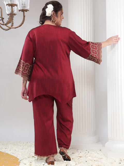 Bani Women Plus Size V-Neck Self Design Thread Work Asymmetric Casual Tunic With Palazzos - Image 4