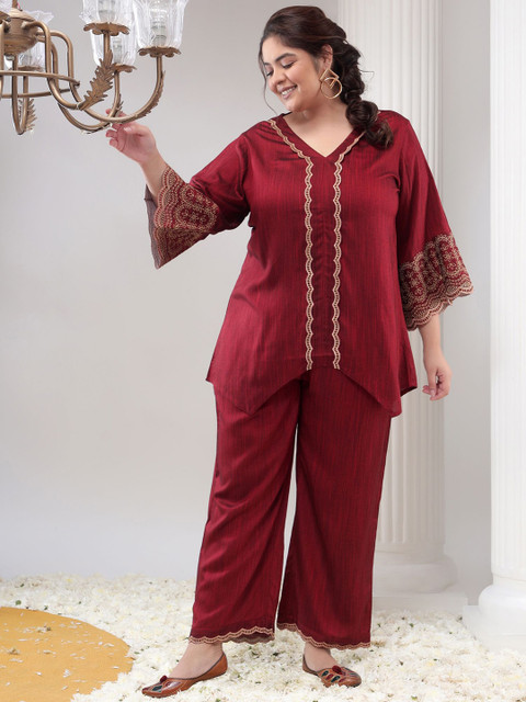 Bani Women Plus Size V-Neck Self Design Thread Work Asymmetric Casual Tunic With Palazzos - Image 3