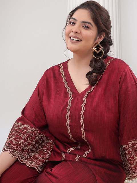 Bani Women Plus Size V-Neck Self Design Thread Work Asymmetric Casual Tunic With Palazzos - Image 6