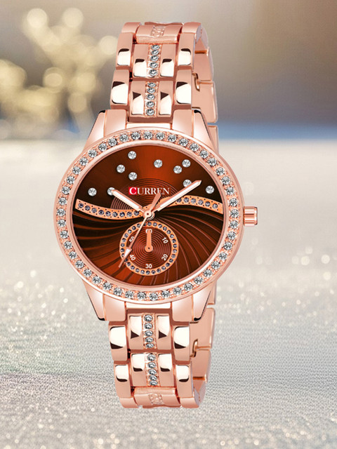 Curren Unisex Embellished Dial & Bracelet Style Straps Analogue Watch CR-1342-Rose-Brown