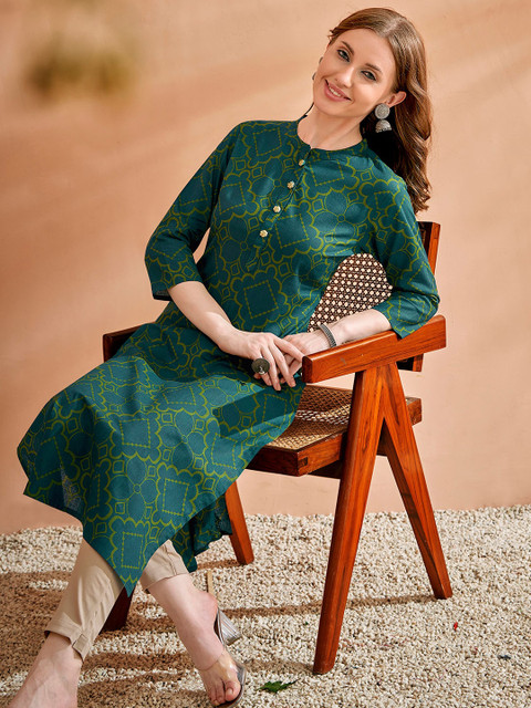 Anouk Green Ethnic Motifs Printed Mandarin Collar Cotton Regular Kurta
