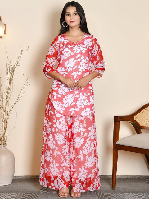Thread & Button Floral Printed Regular Silk Chiffon Co-Ords