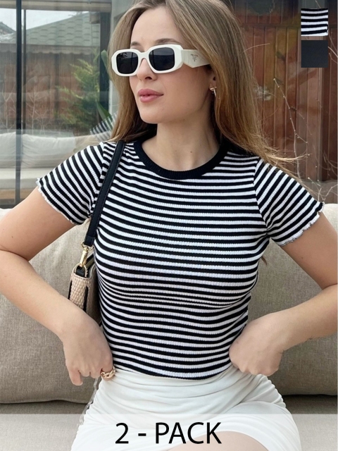 BIANCO LUCCI Pack Of 2 Striped Round Neck Short Sleeves Fitted Top