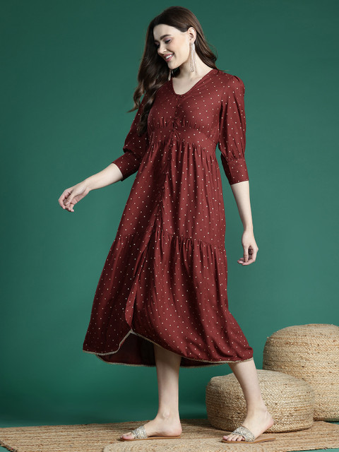Sangria Printed Puff Sleeve Fit & Flare Midi Dress