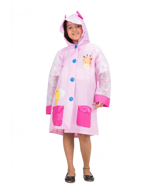 Yellow Bee Girls Printed Hooded Waterproof Rain Jacket