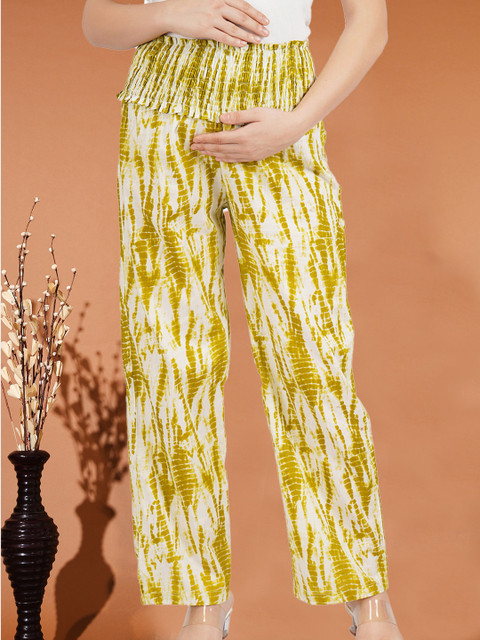 angloindu Women Relaxed Tie and Dye Smocked Pure Cotton Maternity Trousers