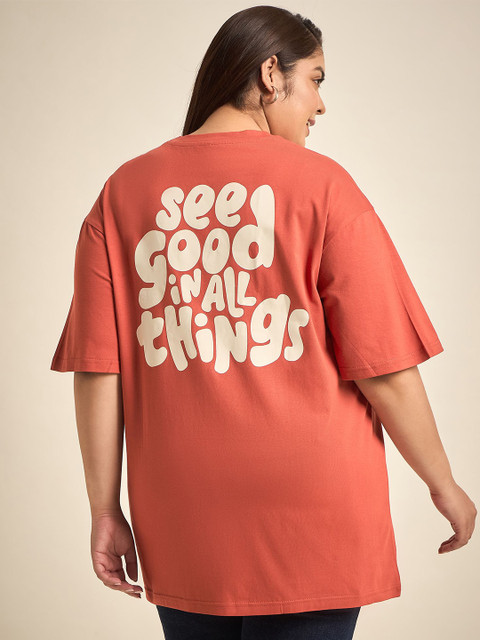 Sztori Round Neck Typography Printed Drop-Shoulder Sleeves Cotton Plus Size T-shirt