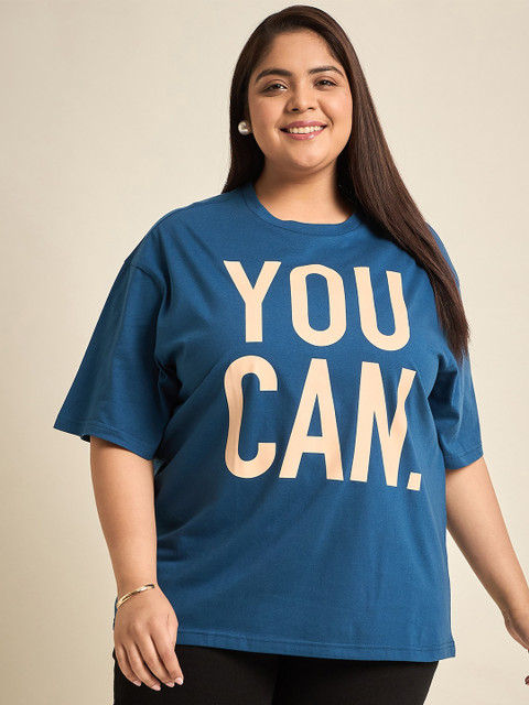 Sztori Round Neck Drop Shoulder Sleeves Typography Printed Cotton Plus Size T-shirt