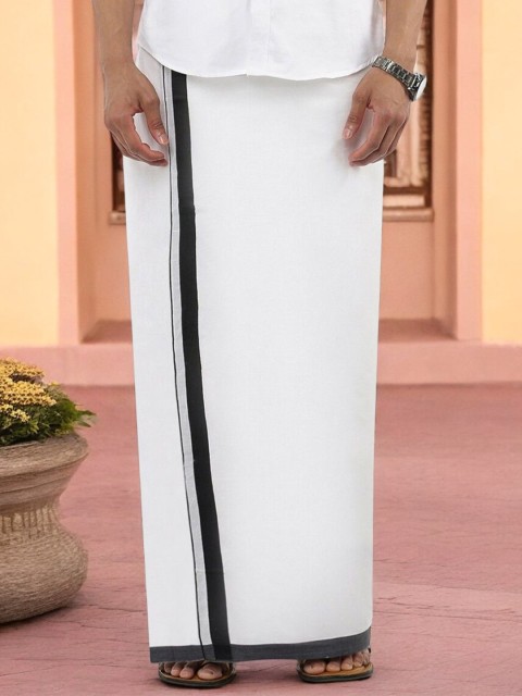 Ramraj Men Cotton White Solid Black Fancy Border Double Layer Dhoti