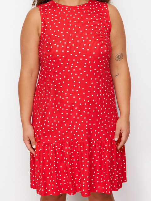 Trendyol Plus Size Polka Dot Printed Round Neck A-Line Dress - Image 2