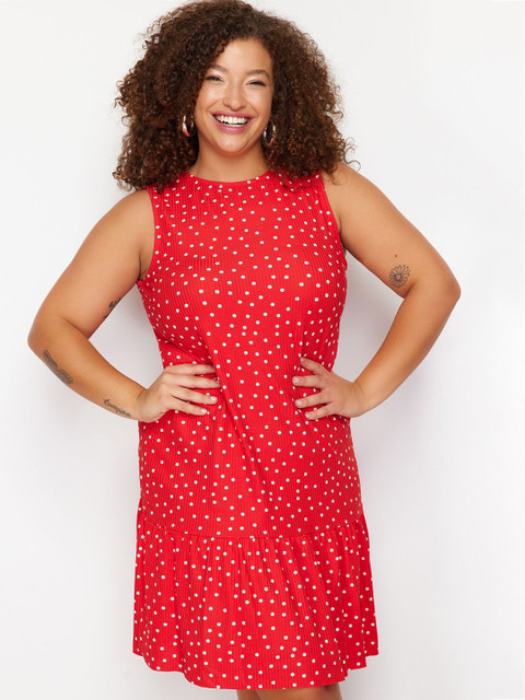 Trendyol Plus Size Polka Dot Printed Round Neck A-Line Dress - Image 5