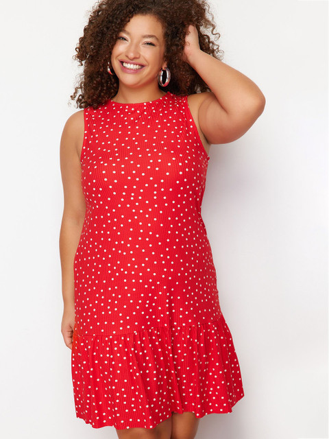 Trendyol Plus Size Polka Dot Printed Round Neck A-Line Dress - Image 6