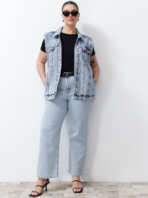 Trendyol Women Spread Collar Sleeveless Pure Cotton Denim Jacket - Image 6