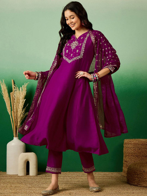 Sangria Magenta Embroidered Notch Neck Sequined A-Line Kurta With Trouser & Dupatta