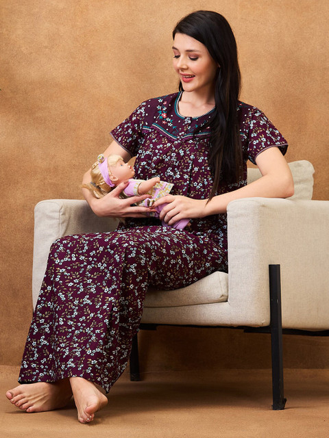 AV2 Floral Printed Pure Cotton Maternity Maxi Nightdress