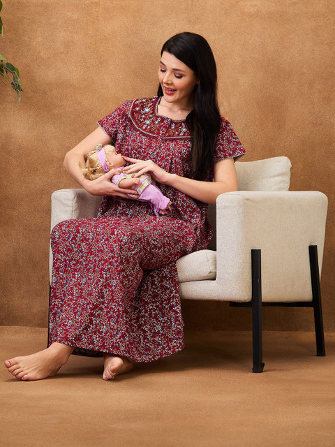 AV2 Floral Printed Pure Cotton Maternity Maxi Nightdress