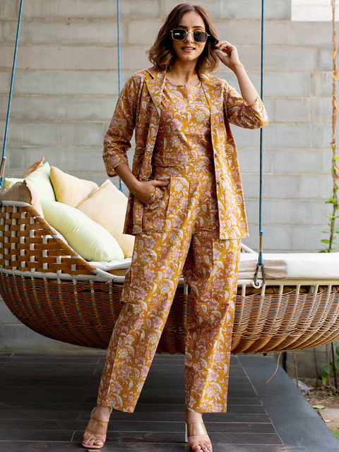 KALINI Floral Printed Round Neck Pure Cotton Top With Jacket & Trousers
