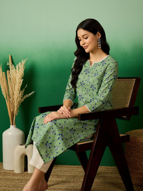 Sangria Green & Blue Floral Printed Notch Neck Pure Cotton Straight Kurta