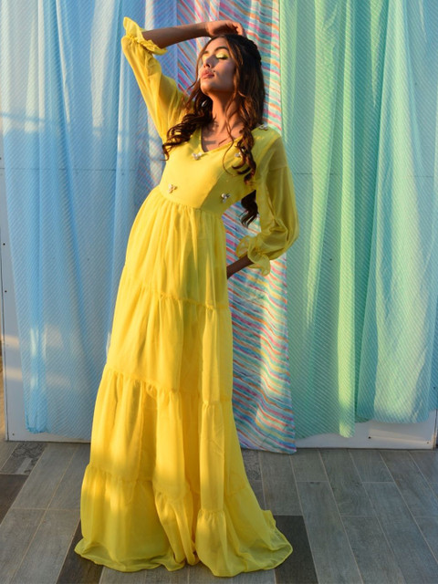 Swadeshi Shringaar Plus Size V Neck Georgette Fit & Flare Maxi Dress - Image 3