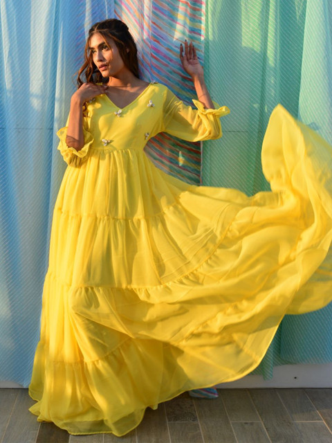 Swadeshi Shringaar Plus Size V Neck Georgette Fit & Flare Maxi Dress - Image 5