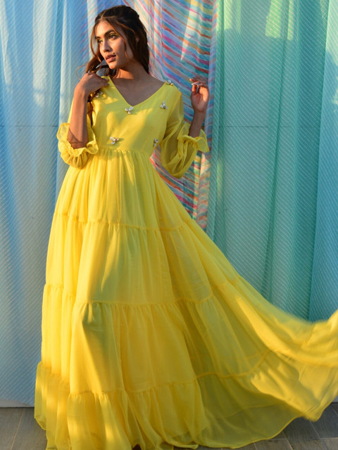 Swadeshi Shringaar Plus Size V Neck Georgette Fit & Flare Maxi Dress