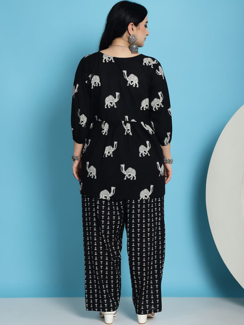 TAG 7 Plus Size Conversational Printed Bishop Sleeves V-Neck Cotton Tunic With Trousers - Image 5